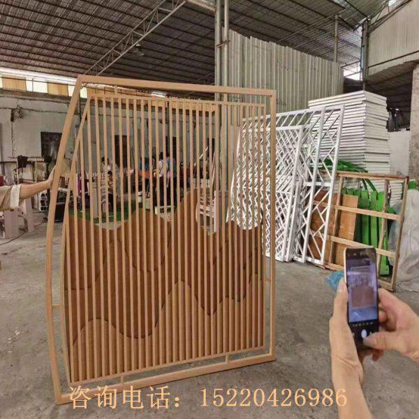 定制仿木纹色铝窗花方管焊接中式花格玄关隔断造型铝屏风组合自装