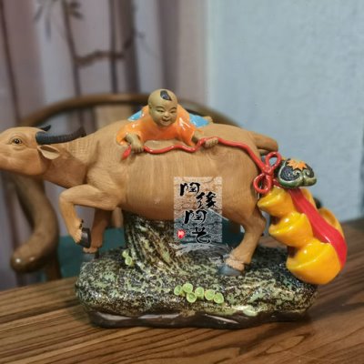 陶瓷工艺品 石湾公仔 童趣 一路发 生肖 牛