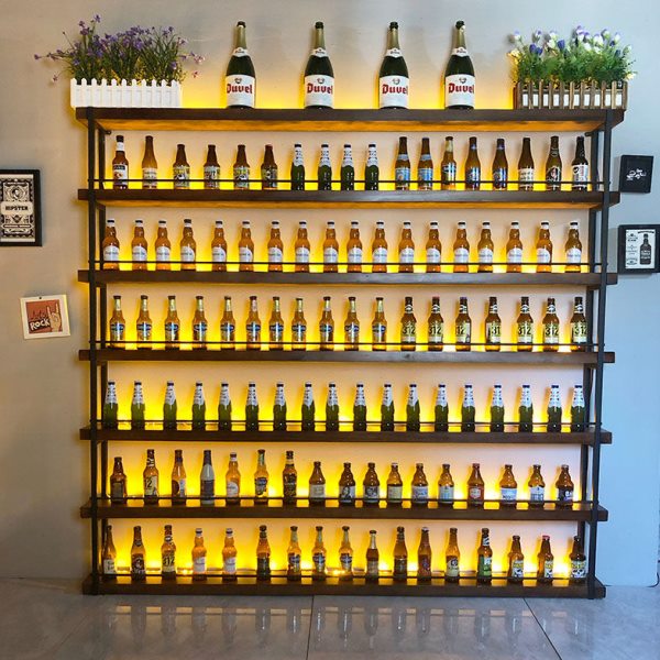 酒吧墙上铁艺隔断酒架装饰吧台壁挂实木发光红酒啤酒置物展示架柜