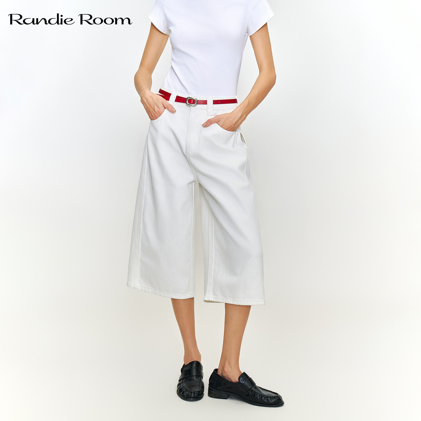 【Aiko同款】RandieRoom 白色高腰挺括阔腿裤老钱风七分裤女