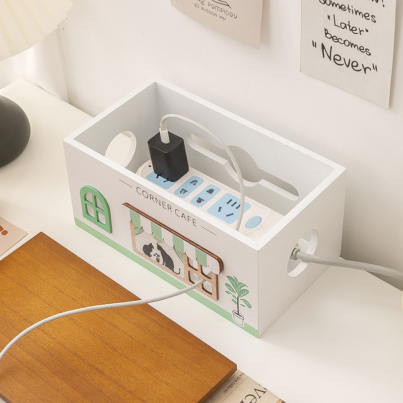 桌面收纳盒杂物插排数据线储物盒多功能电线插座置物架木质集线盒