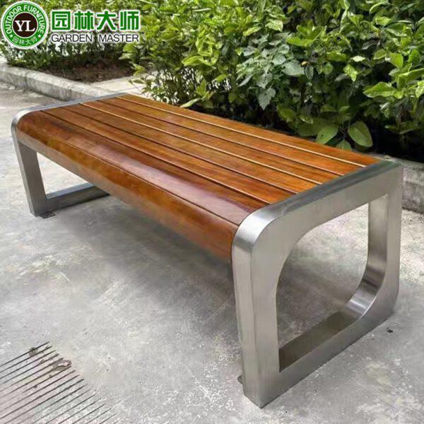 户外不锈钢公园椅广场商场休闲长椅园林成品座椅景区金属实木长凳