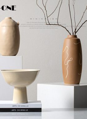 Rzone 侘寂风大地色抽象几何手工陶瓷花瓶高档民宿样板间装饰摆件