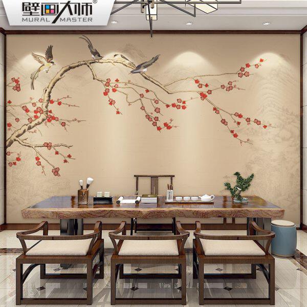 新中式电视背景墙壁纸梅花客厅卧室影视墙墙纸定制壁画个性墙布