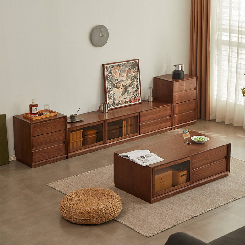 实木电视柜落地胡桃色地柜高级感客厅茶几电视机柜组合柜立柜矮柜
