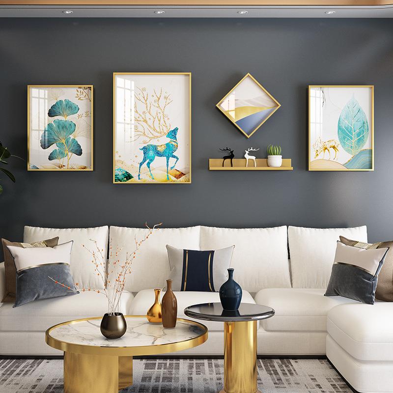 新中式客厅4框晶瓷福鹿铝合金装饰画置物架组合金属墙上麋鹿画框