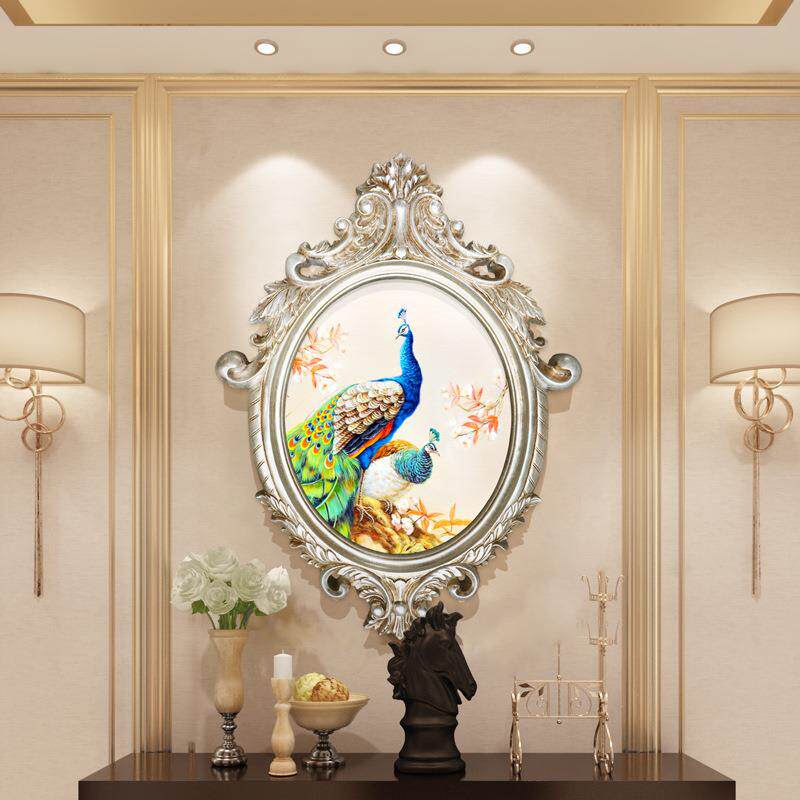 孔雀装饰画玄关竖版款壁炉简欧挂画动物圆形轻奢壁画欧式油画