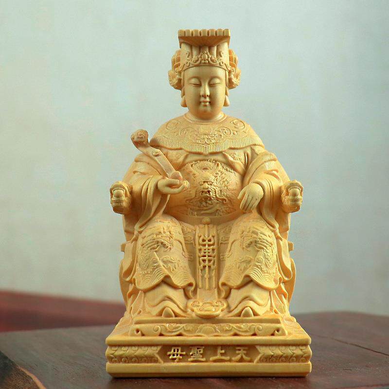 黄杨木如意妈祖摆件木制工艺品原木精雕汽车装饰摆件家居平安神像
