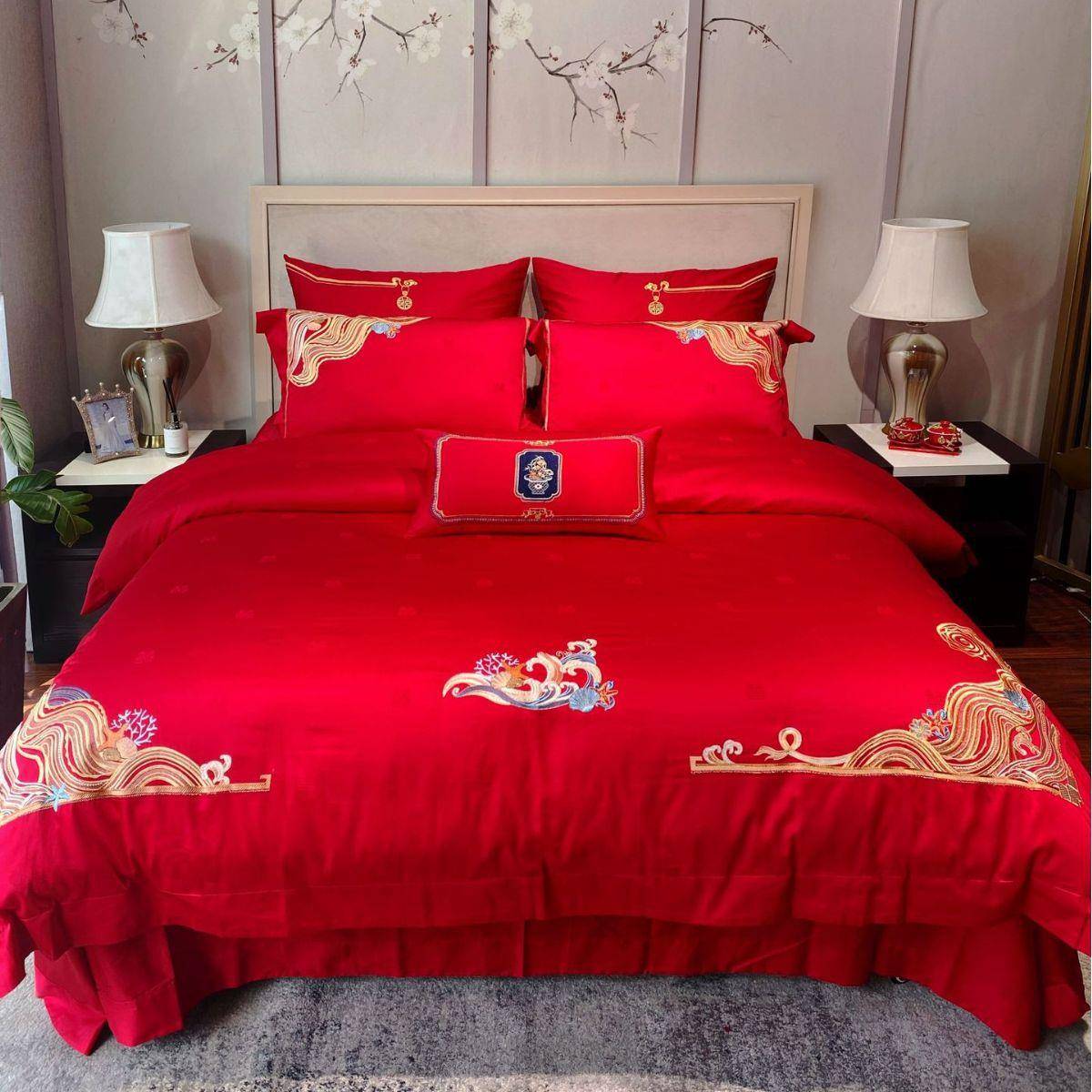 结婚床上用品陪嫁婚庆家纺红色四件套100支长绒棉刺绣十件套床品