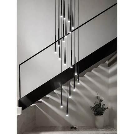 楼梯吊灯复式楼大别墅农村自建房loft新款客厅长条旋转中空长吊灯