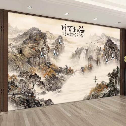 新中式竹木纤维集成墙板水墨山水画海纳百川电视背景墙护墙板拼接