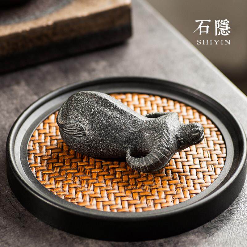 石隐茶宠摆件精品手工个性茶宠牛宠可养乌金石头茶具饰品创意水牛