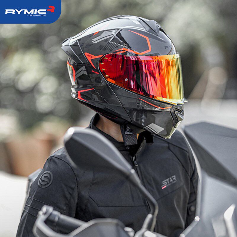 Y935白灰飞翼头p盔揭面盔3C双镜片机车尾翼跑盔男女冬季