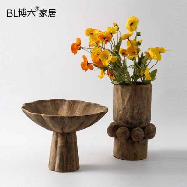 侘寂风土黄色陶瓷花器高脚果盘新中式干花插花瓶家居软装饰品摆件