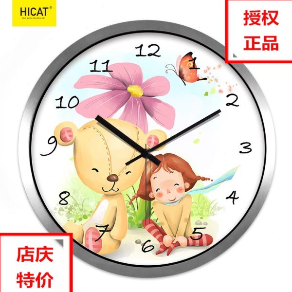 包邮包邮疯小猫圆形电池静音扫秒机芯钟表客厅卧室时钟女挂钟