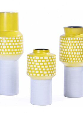 白黄色陶瓷格子塔式花瓶插花摆件 欧式客厅样板房现代简约装饰品