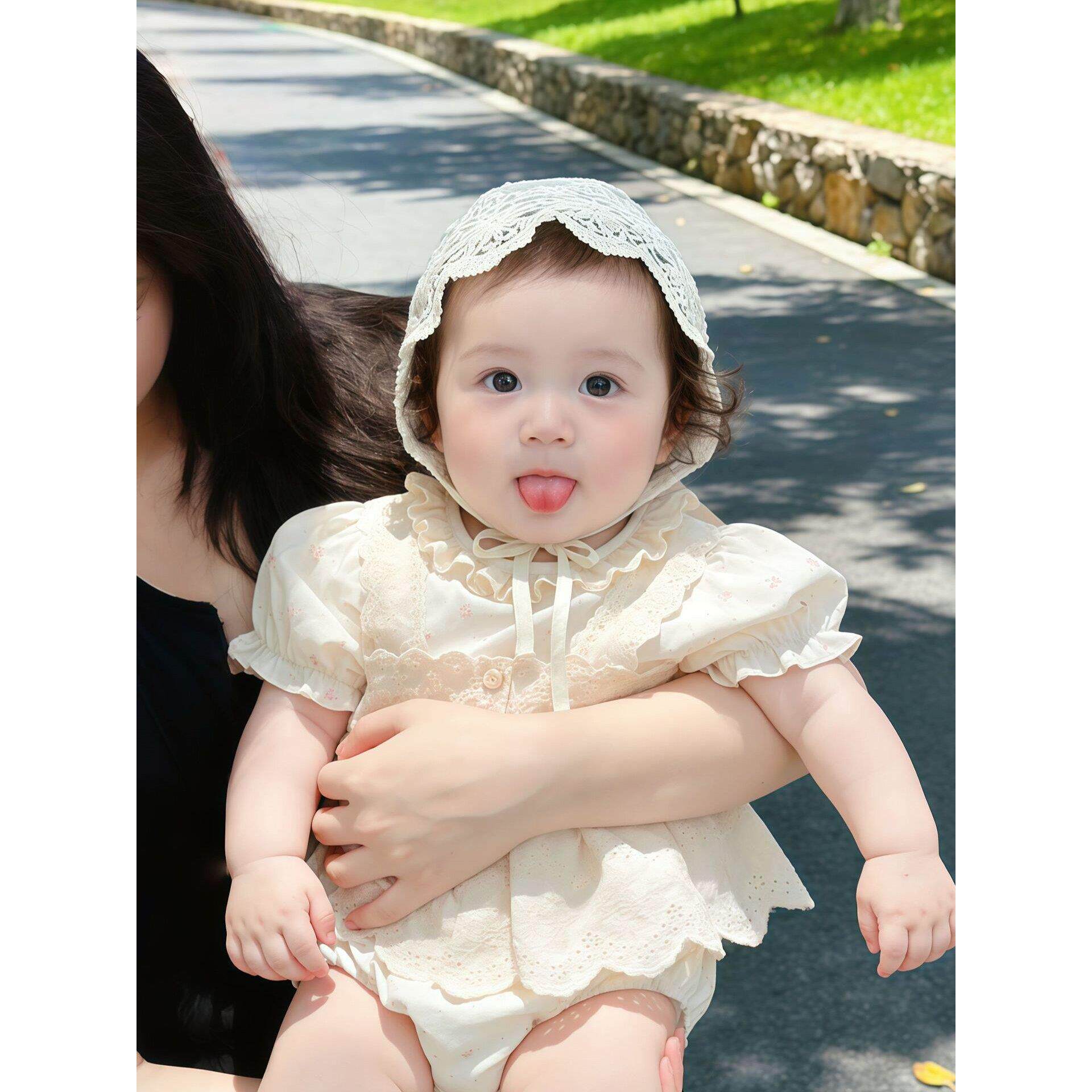 宝宝帽子夏薄款女宝蕾丝花边公主外出宫廷帽小月龄婴幼儿遮阳帽子