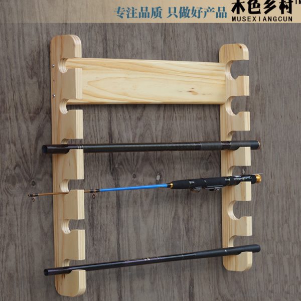 壁挂式6位鱼竿收纳架实木手竿置物架海竿渔具展示架展架摆放架