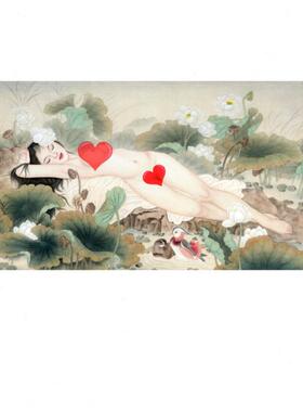 工笔睡美人荷花人体国画水墨山水画书法字画装饰画招财风水画画心
