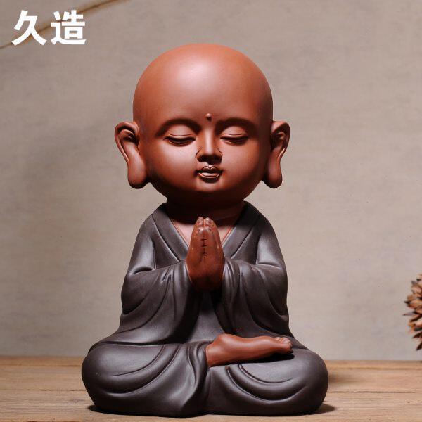 久造 紫砂禅意祝福小和尚摆件 陶瓷大号可爱小沙弥书柜装饰品摆设
