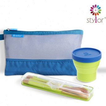 Stylor花色创意环保竹筷勺餐具便捷包折叠杯3件套装户外商务礼品