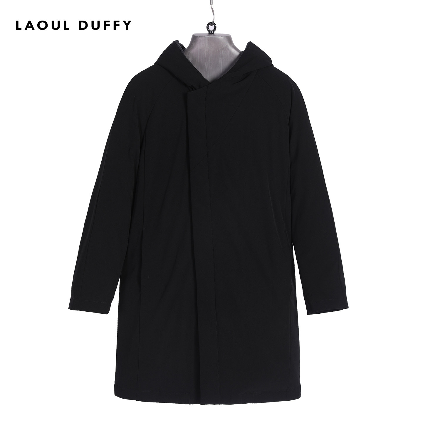 LAOUL DUFFY新款黑色连帽中长羽绒服冬季保暖休闲正装男DY19450A