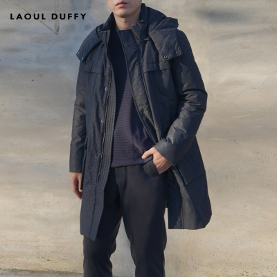 LAOUL DUFFY灰色带帽中长款男装冬季保暖简约大兜羽绒服DY17423A
