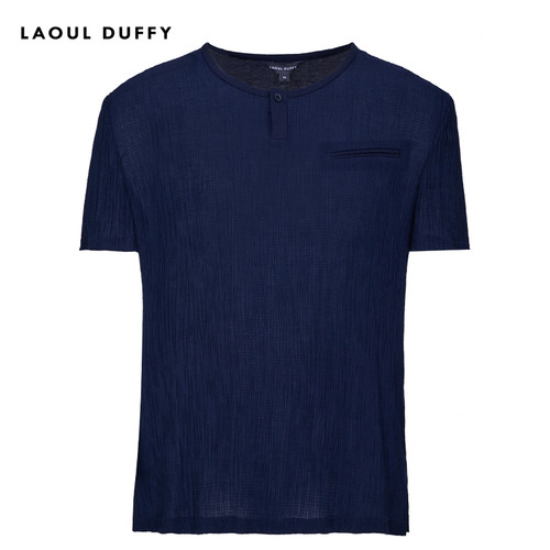 LAOUL DUFFY藏蓝圆领一粒扣短袖T恤男款夏季气质修身上衣DT19215A