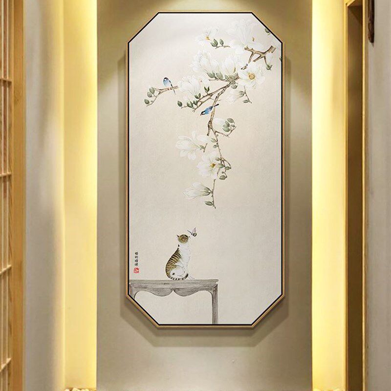 猫的憧憬寓意好玄关装饰画新中式过道竖版挂画中国风走廊壁画墙画