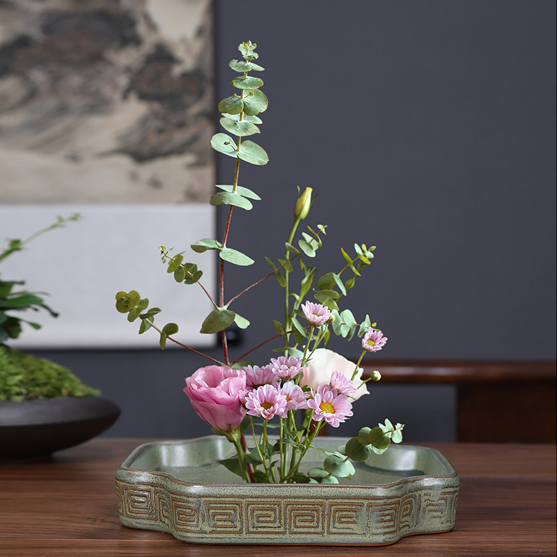 古典盘剑山插花器日式小原流底座器皿中式花器禅意陶瓷花盆托盘大