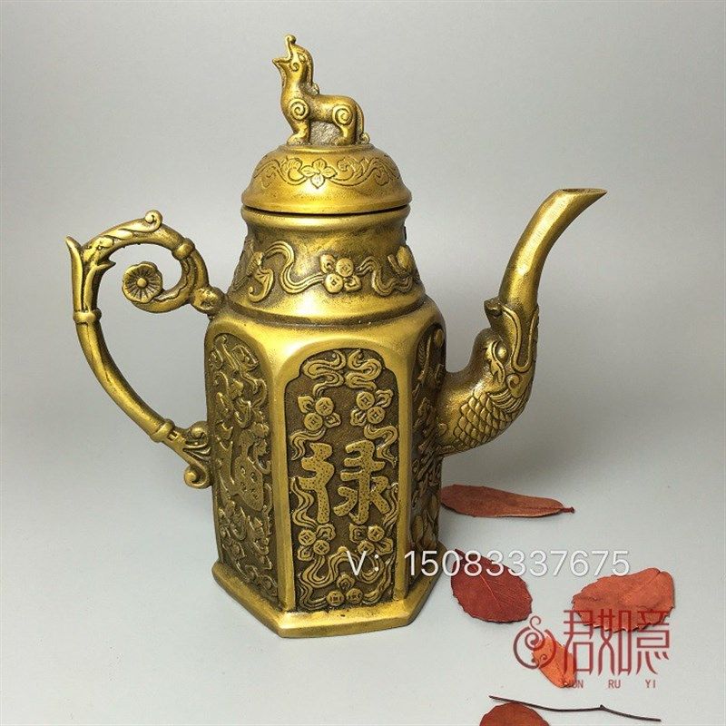 纯铜福禄寿铜壶黄铜龙头壶口貔貅雕花铜酒壶宫廷酒杯酒具酒器摆件