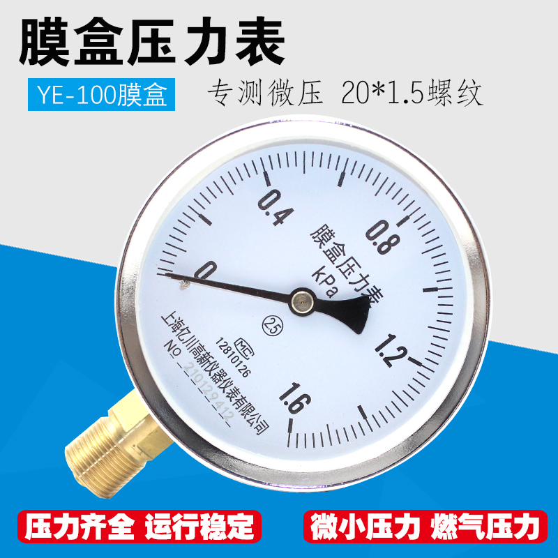 上海YE100膜盒压力表10/16/40/60KPA微压表千帕表天然气仪表仪器