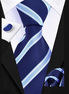 男士商务正装领带领带夹方巾套装8cm手打款黑色条纹新郎结婚红色