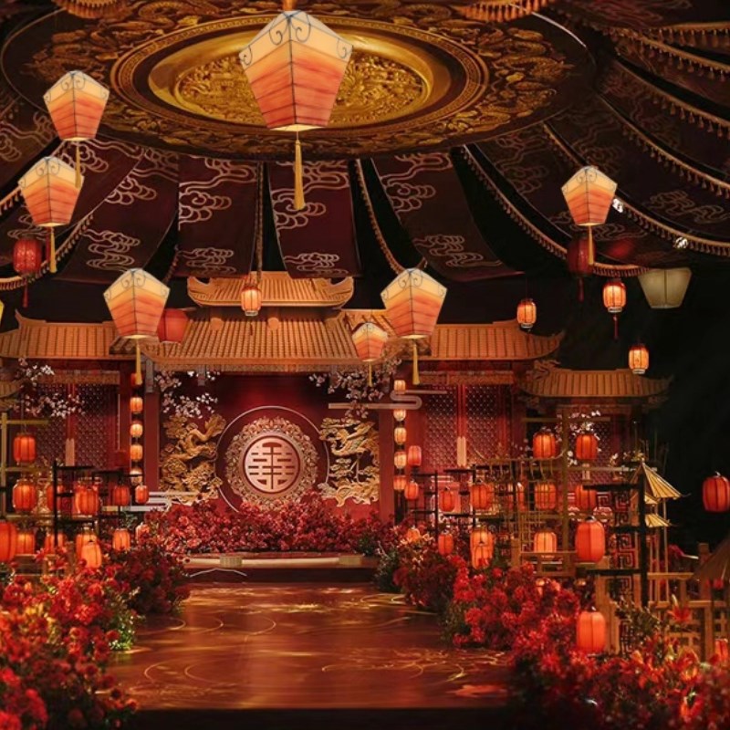 中式古典国潮风婚礼吊灯婚庆主题复古装饰灯布艺孔明灯花灯装置