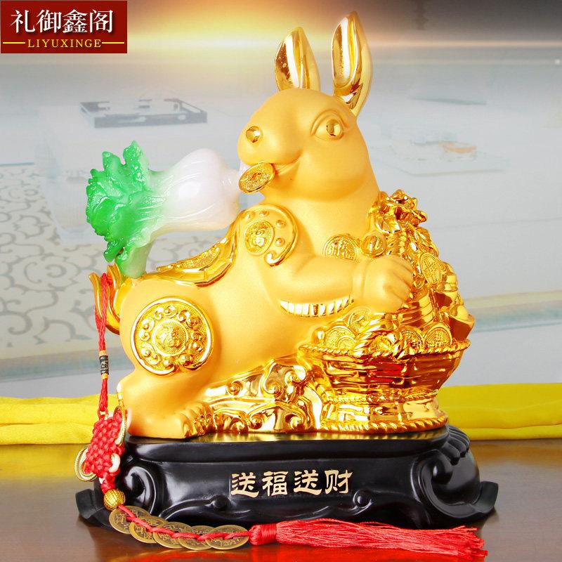 招财兔白菜摆件十二12生肖风水沙金木兔子新房礼物创意树脂工艺品