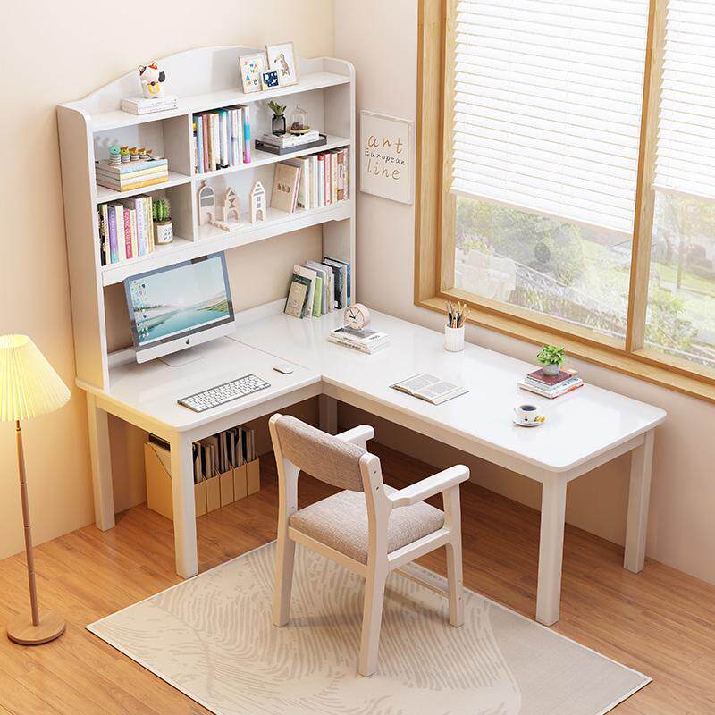 家用卧室写字桌实木书桌书架一体L型转角学习桌学生小户型电脑桌
