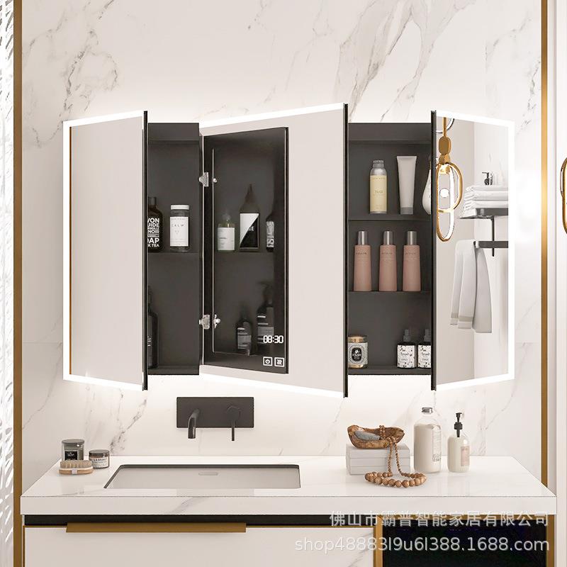 不锈钢镜柜四周发光双面镜门挂墙式卫生间镜子柜黑色镜柜一周灯