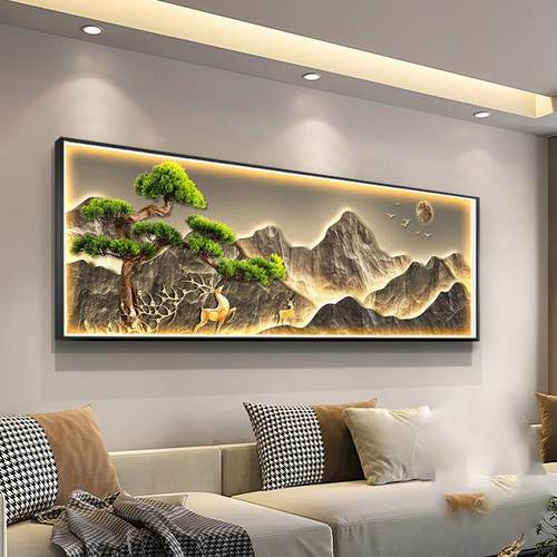 背有靠山茶室客厅led灯挂画横幅迎客松大厅墙壁画沙发背景装饰画