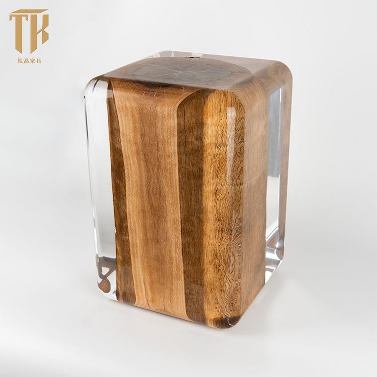 原木桩切面圆角边几透明水晶原木茶凳摆件亚克力软装坐凳木墩椅