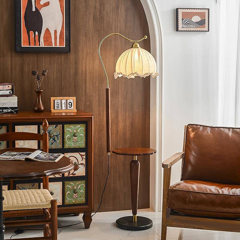 中古实木落地灯日式复古客厅沙发旁法式轻奢高级感卧室置物架台灯