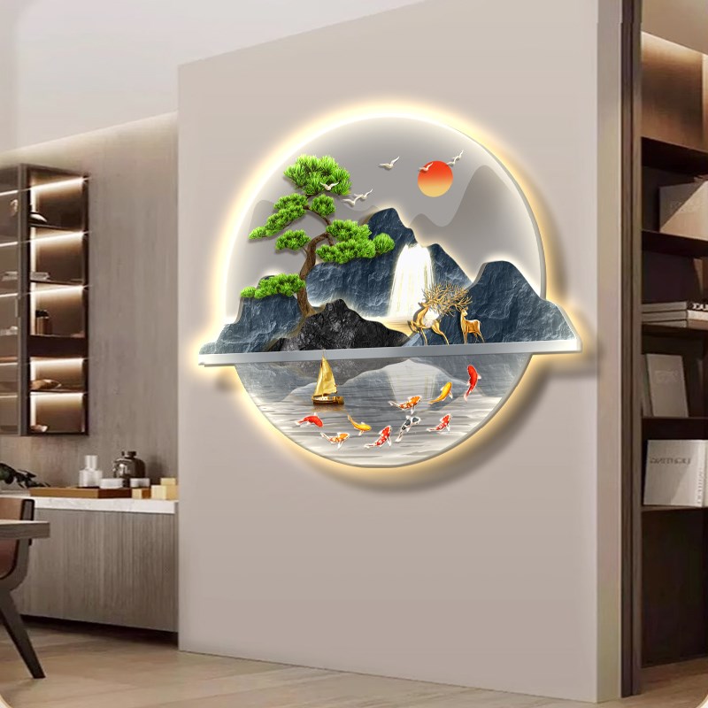 新中式玄关高端装饰画LED发光入户画正对门挂画山水客厅壁画灯画