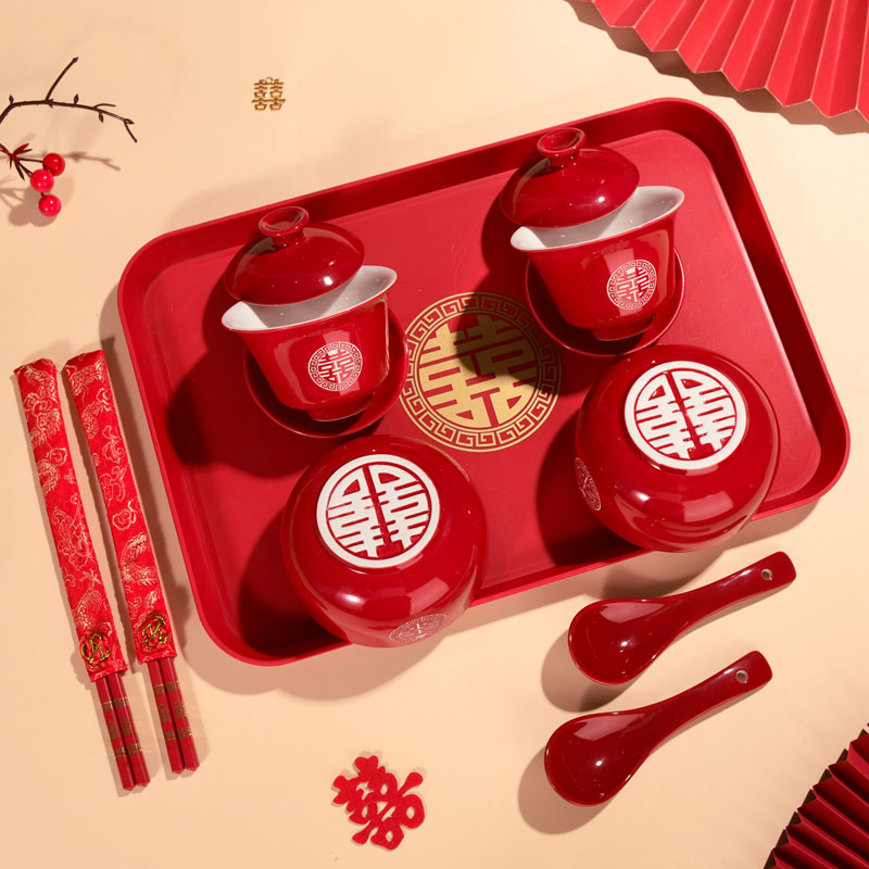 2024a婚庆喜碗敬茶杯结婚礼改口喜杯对杯对碗筷套装结婚敬茶杯套