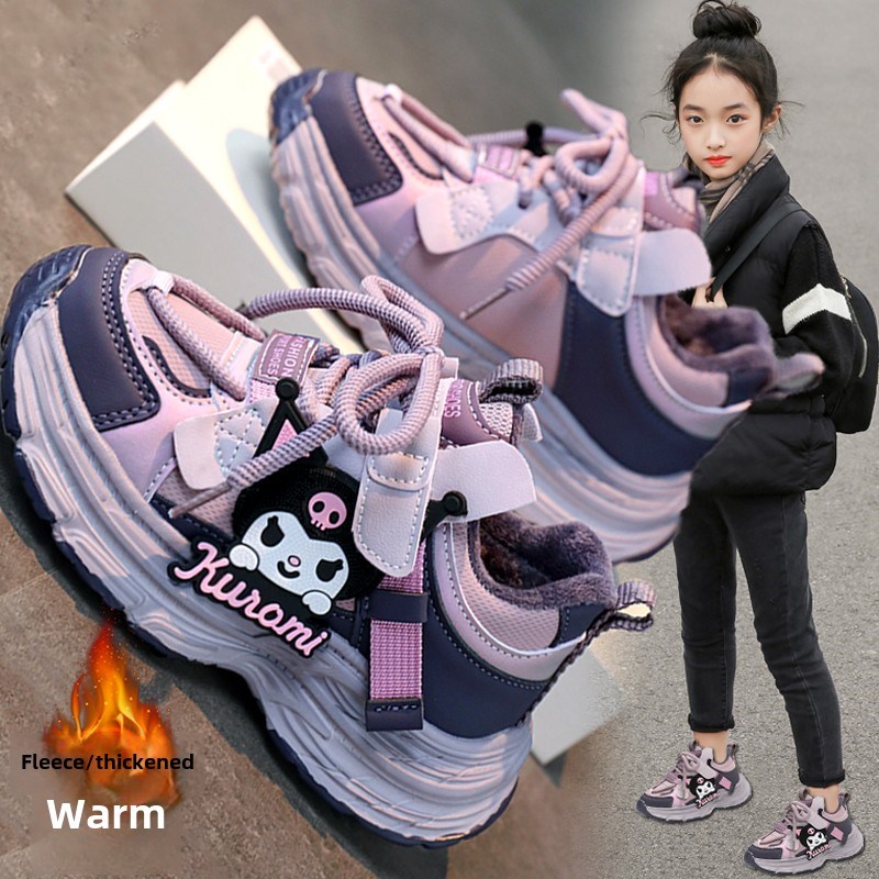 卡西隆黑美女鞋冬季童装丝绒棉鞋女童运动冬季保暖爸爸鞋耐污