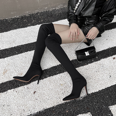 性感显瘦绸缎尖头细跟长筒靴女高跟过膝长靴黑色高筒瘦腿弹力袜靴