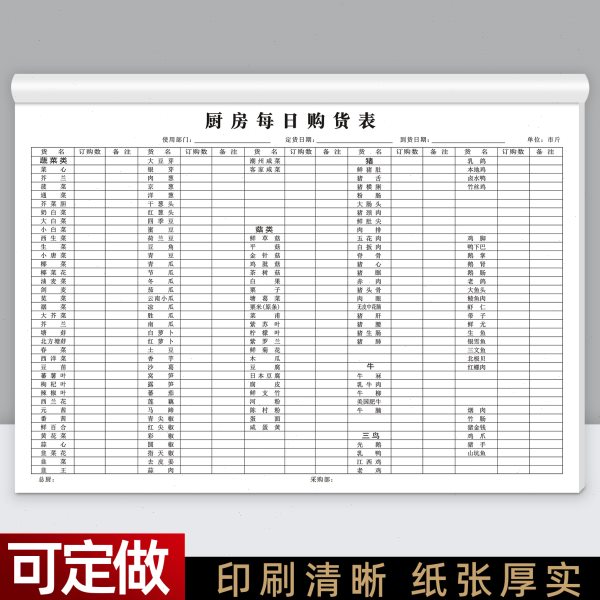 厨房每日购货表采购明细单酒楼餐厅点菜单西餐厅酒水单收据可定做
