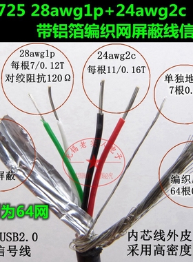 UL2725 28awg1p+24awg2c 带铝箔编织网USB2.0屏蔽线通讯用信号线