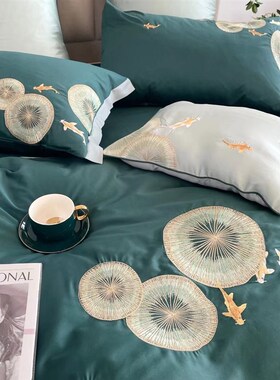鲤鱼床上用品被套四件套墨艺术复古绿色新中式全棉床单戏莲叶