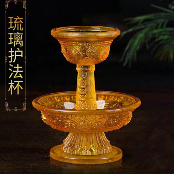 琉璃护法杯法器八吉祥浮雕  大小号琥珀古法供杯图片