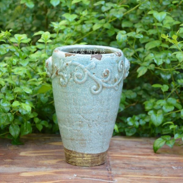 欧式风格陶艺花瓶 花器 粗陶挂釉 冰裂纹 陶器 灰兰色复古陶盆