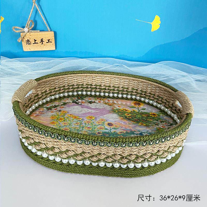 麻绳手工编织成品收纳盒简约复古桌面收纳筐客厅茶盘复古简约收纳